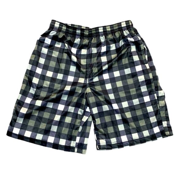 Burnside Shorts Black Gray Plaid Men’s Large Elastic Pull String Fully Lined - Picture 1 of 13